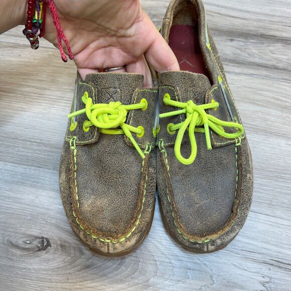 Twisted X Youth Brown Neon Bomber Leather Boat Shoe Loafers Size 3M (YDM0005) - Picture 6 of 10